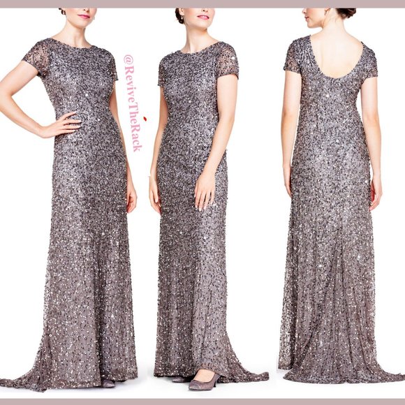 NEW $248 Adrianna Papell Short Sleeve‎ Sequin Mesh Gown in Lead [Size 4 ] - Picture 1 of 5